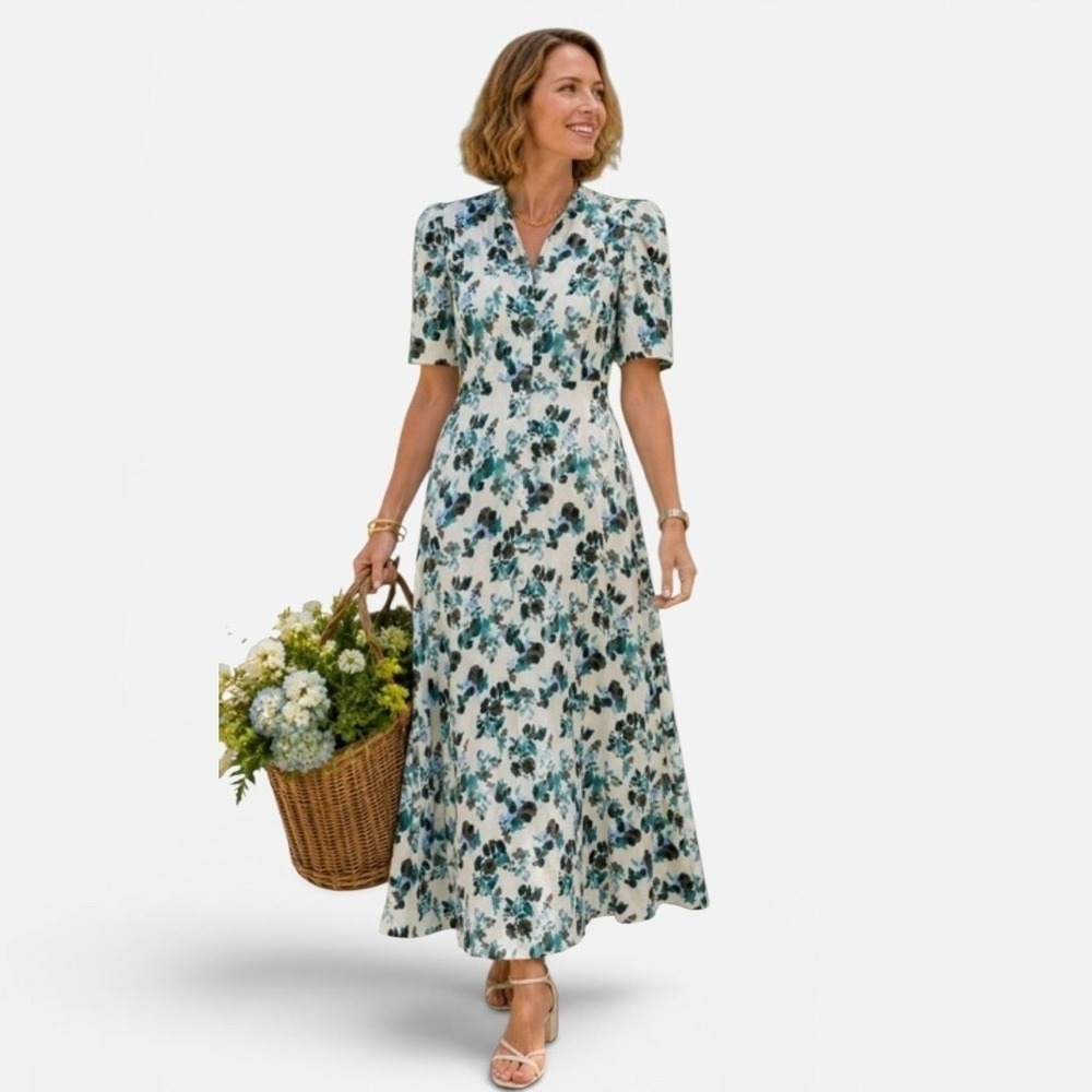 Tuckernuck Blue Blooms Linen Midi Dress Floral Short Sleeve V-Neck Women XS